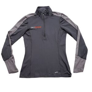 Brooks True Runner 1/4 Zip Pullover XS Women Gray Stand Up Spellout Thumb Holes